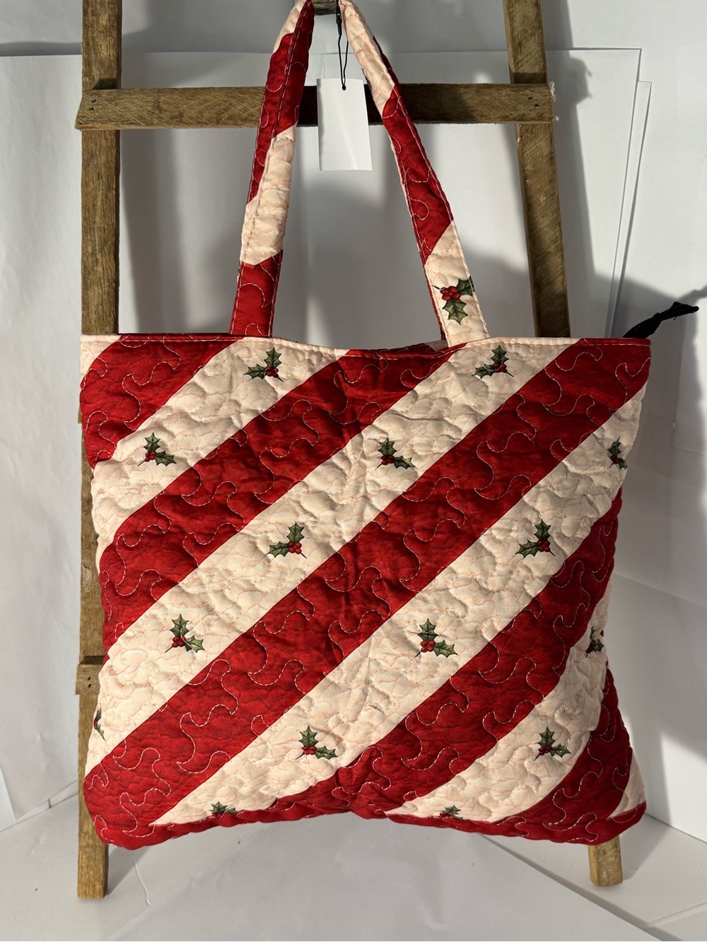 Holiday Quilted Stripe Tote in Red and Cream